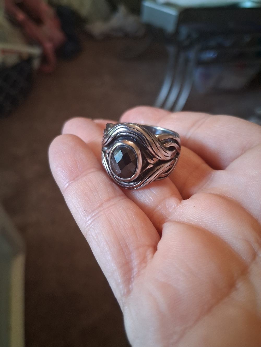 Sterling Silver Black Faceted Onyx Gemstone Swirl Ring - Women/men Jewelry